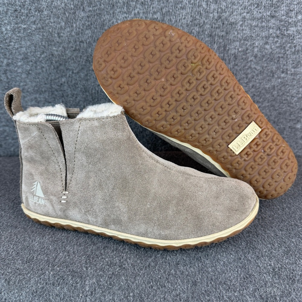 LL Bean Cozy Suede Ankle Boots Women 7 Taupe Suede Faux Fur Booties